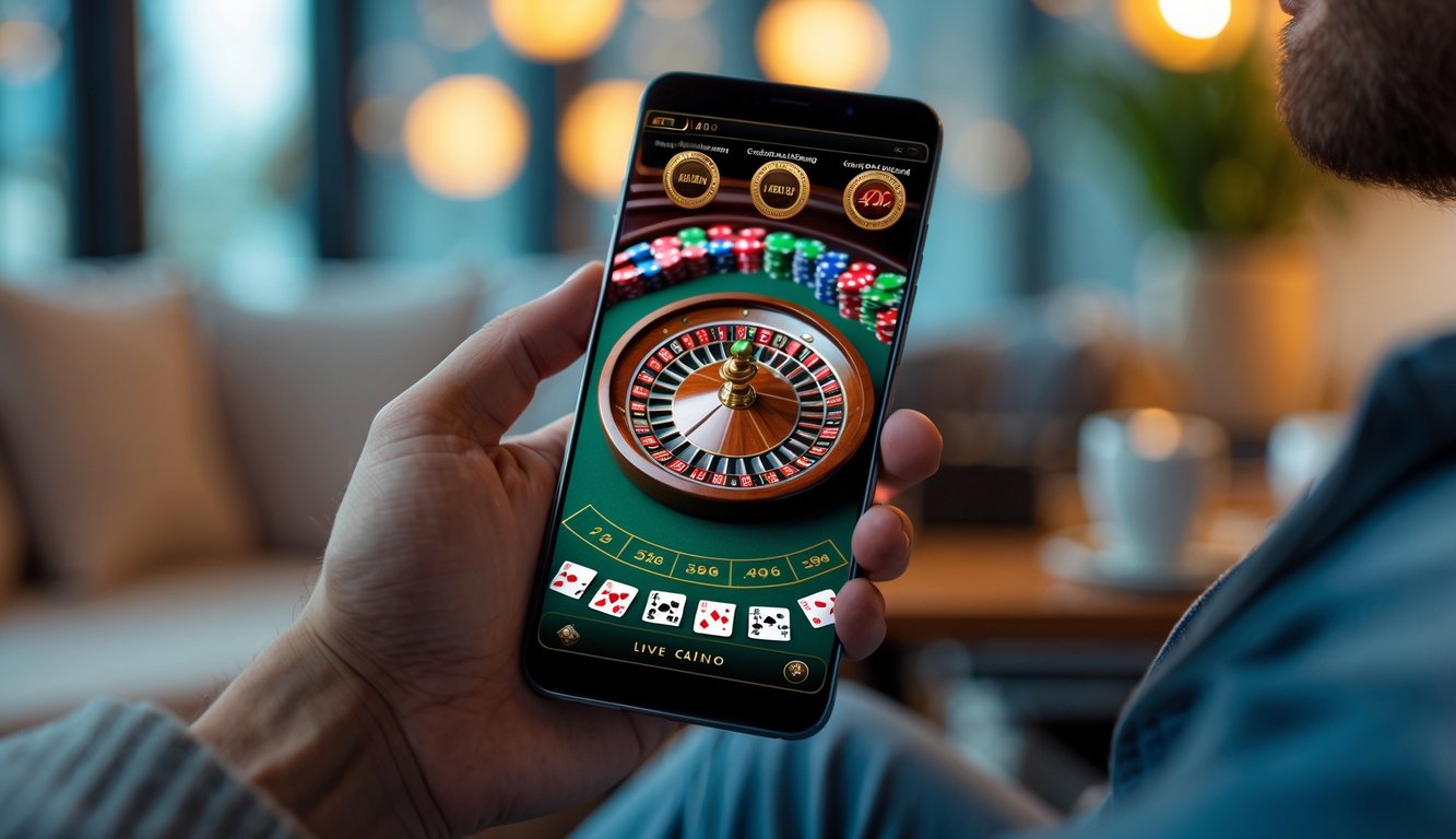 Seseorang memegang smartphone yang menampilkan permainan kasino langsung dengan roda roulette dan kartu di layar.