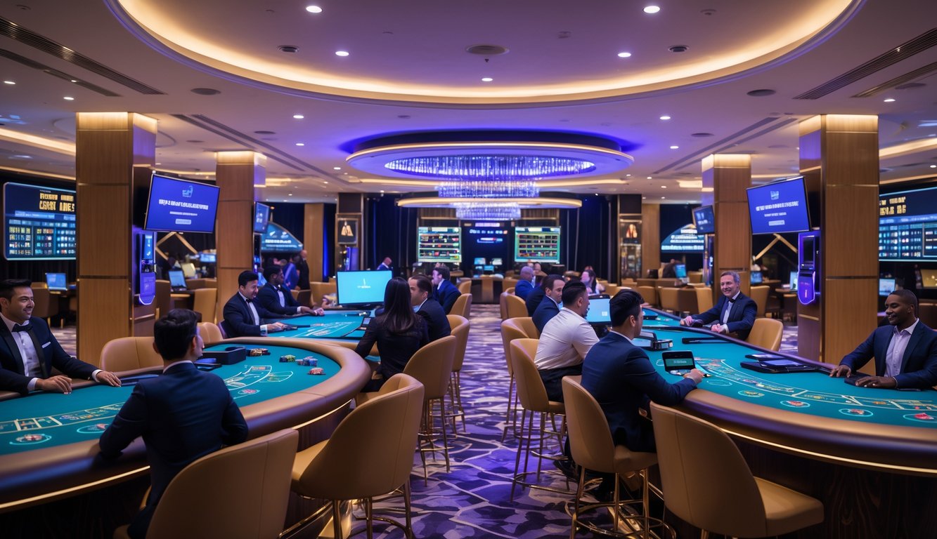 Suasana kasino langsung modern dengan dealer dan pemain menggunakan perangkat digital di lingkungan yang aman dan terpercaya.