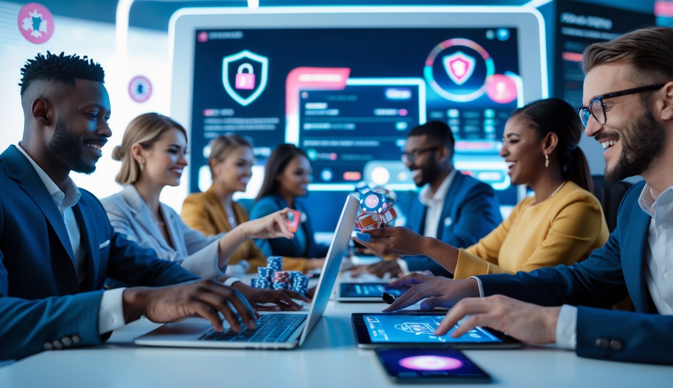 Orang-orang bermain permainan kasino langsung secara online menggunakan perangkat digital dalam suasana yang aman dan terpercaya.