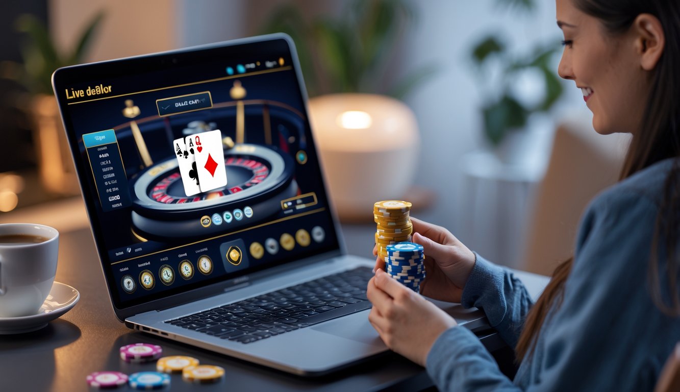 Seseorang sedang bermain kasino langsung online di laptop dengan chip kasino kecil di tangan dalam suasana rumah yang nyaman.