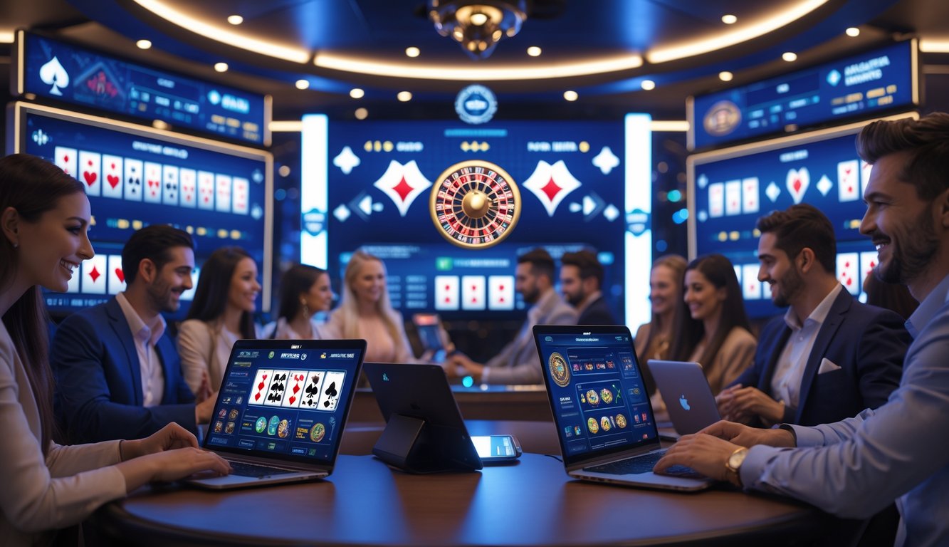 Suasana kasino online dengan pemain yang sedang bermain permainan kasino langsung di perangkat digital dalam lingkungan virtual yang modern dan mewah.