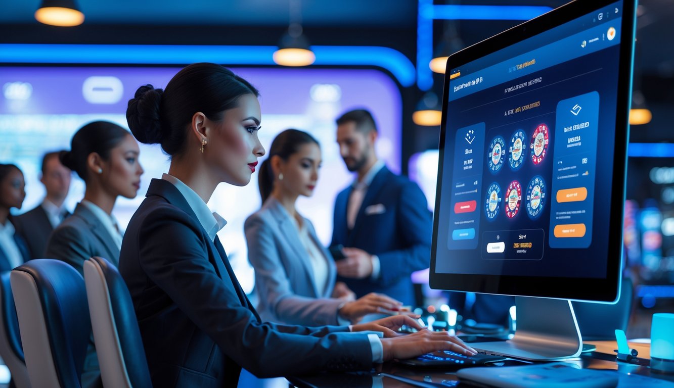 Orang-orang sedang menggunakan platform kasino online dengan dealer langsung dan metode pembayaran cepat di layar digital.