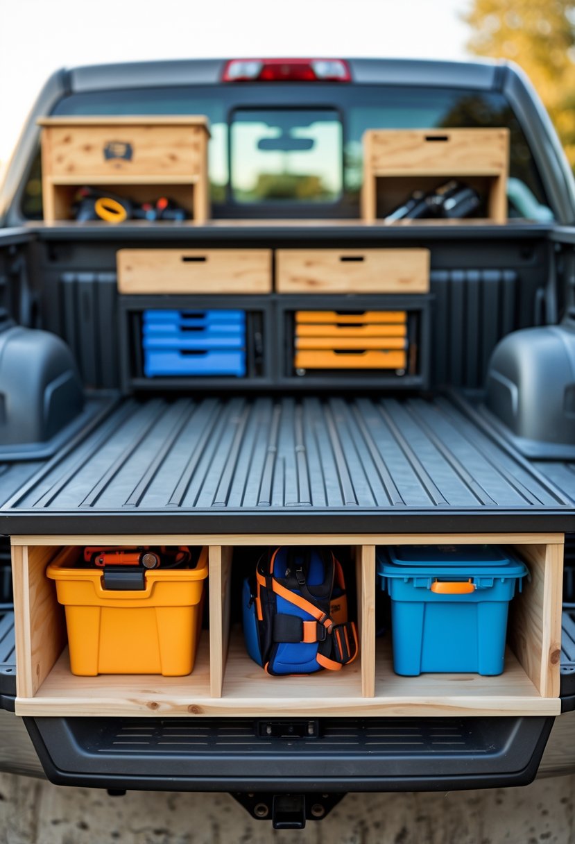 A truck bed displaying various DIY storage solutions including wooden compartments, toolboxes, drawers, and bins organized with tools and gear.