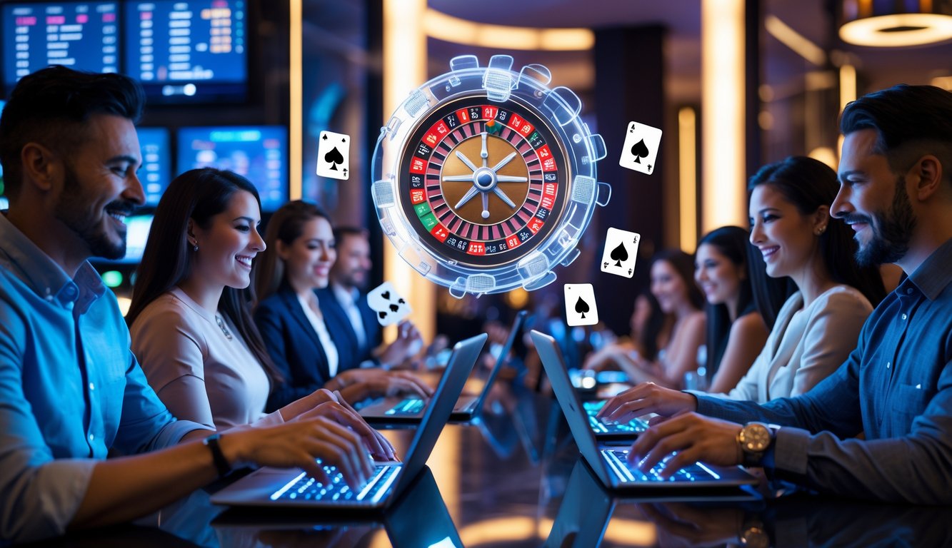 Orang-orang bermain permainan kasino online menggunakan laptop dan ponsel di lingkungan kasino modern dengan roda roulette holografik dan kartu poker mengambang.