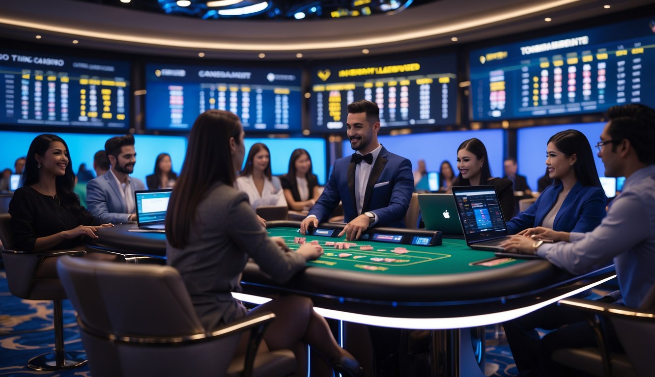 Suasana kasino langsung modern dengan dealer dan pemain yang berinteraksi menggunakan perangkat digital, menampilkan jackpot dan papan turnamen di latar belakang.