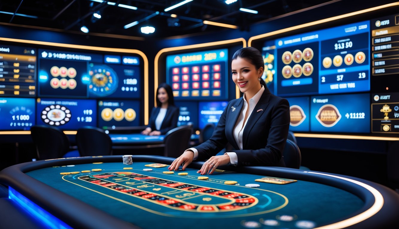 Seorang dealer kasino langsung di studio modern dengan meja permainan dan layar yang menampilkan permainan kasino online serta jackpot dan papan peringkat turnamen.