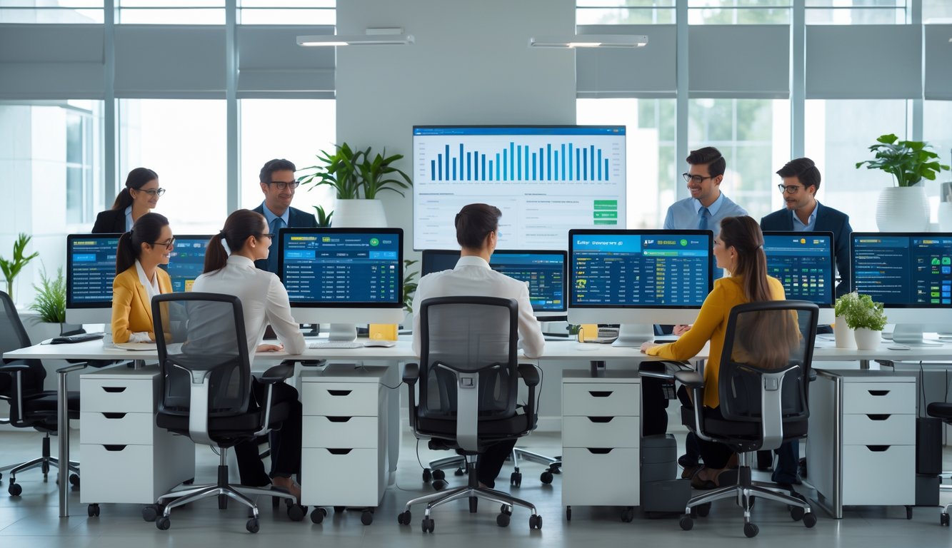 Sekelompok profesional muda bekerja di kantor modern dengan komputer yang menampilkan data terkait togel online.