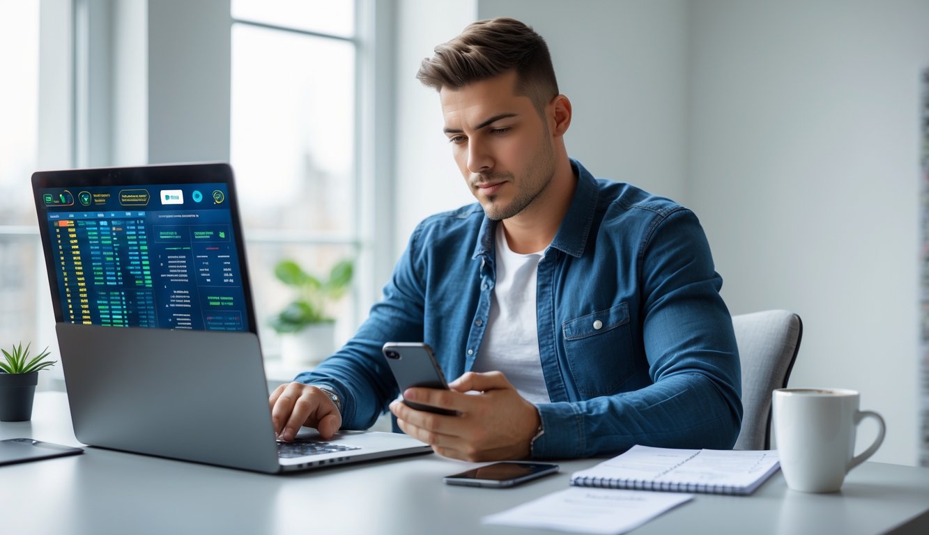 Seorang pria muda duduk di meja dengan laptop dan ponsel, fokus menggunakan perangkat untuk aktivitas online di ruangan yang terang dan rapi.