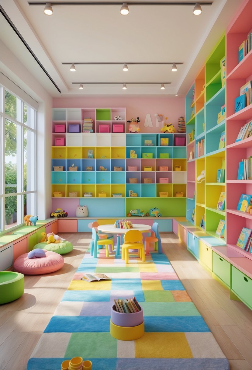 A bright children's playroom showing various book storage solutions including shelves, bookcases, carts, and baskets, with child-sized furniture and cozy reading areas.