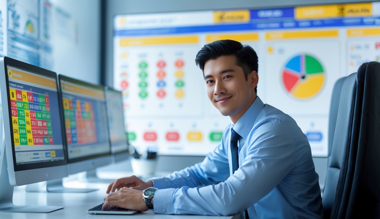 Seorang pria muda duduk di meja dengan beberapa layar komputer yang menampilkan angka lotere dan grafik, di dalam ruangan kantor modern.