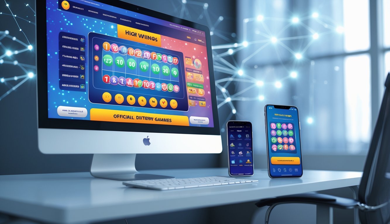 Meja kerja modern dengan komputer dan ponsel menampilkan situs togel online resmi dengan tampilan angka dan grafik peluang menang.
