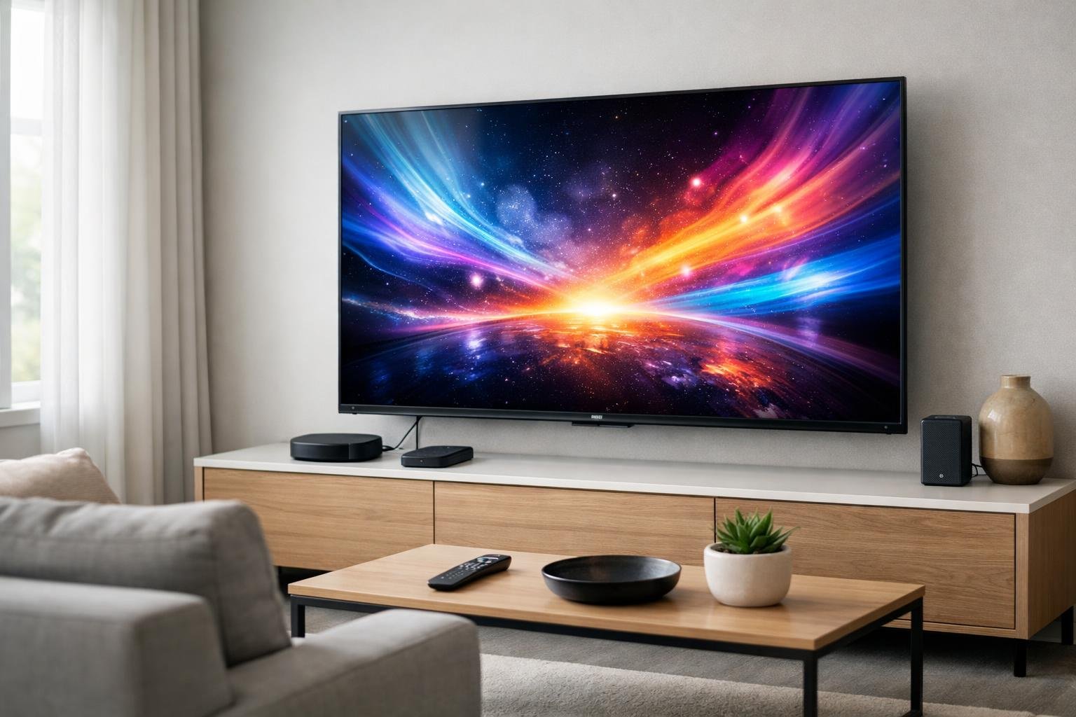 A modern living room with a large flat-screen TV mounted on the wall, showing colorful visuals, surrounded by contemporary furniture and tech accessories.
