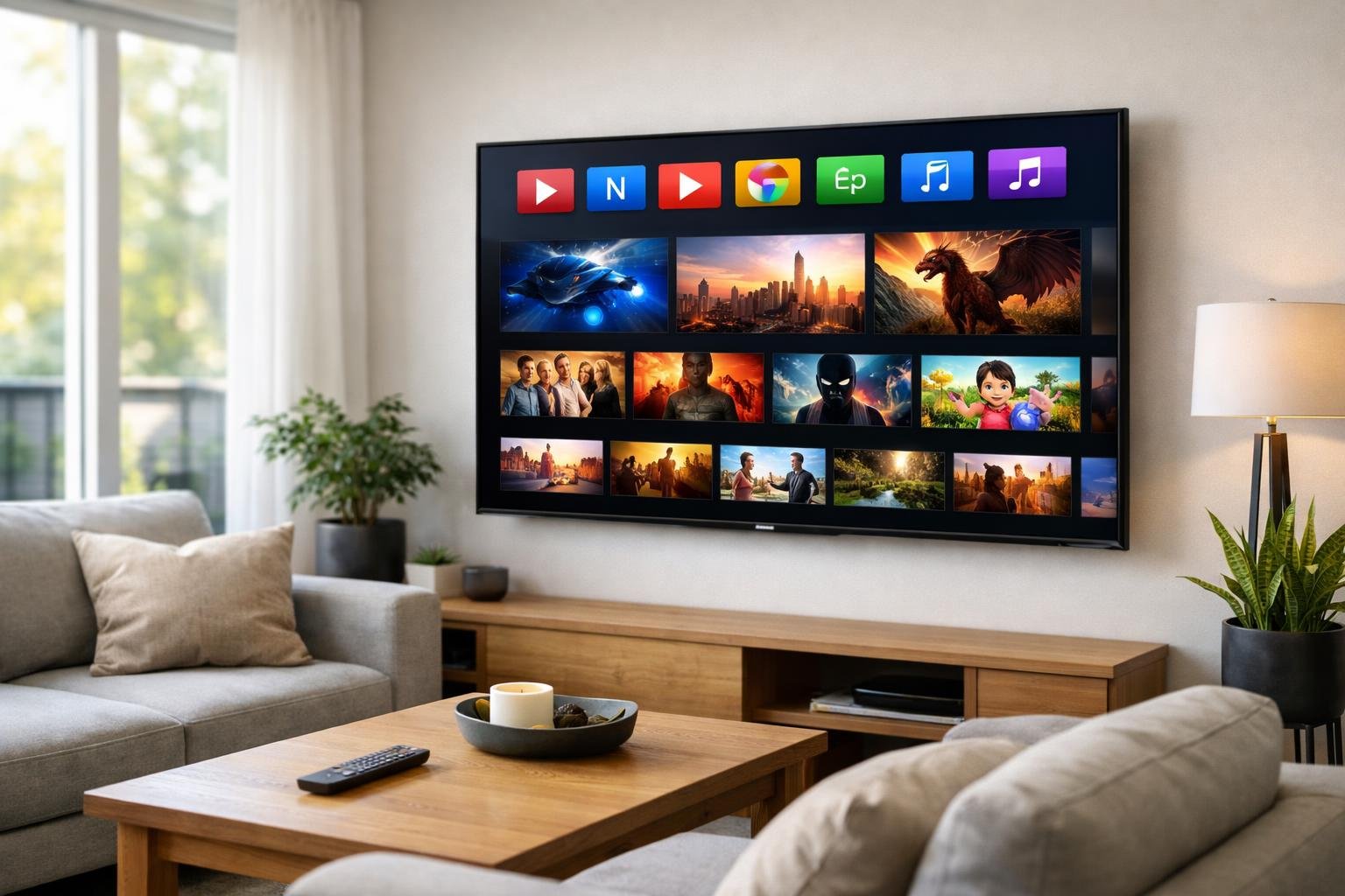 A modern living room with a large flat-screen TV showing colorful streaming service icons and multimedia content, with a sofa and coffee table nearby.