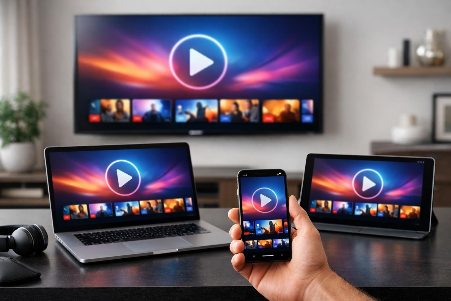 A modern workspace with a smart TV, laptop, tablet, and smartphone all displaying streaming content in a clean living room.