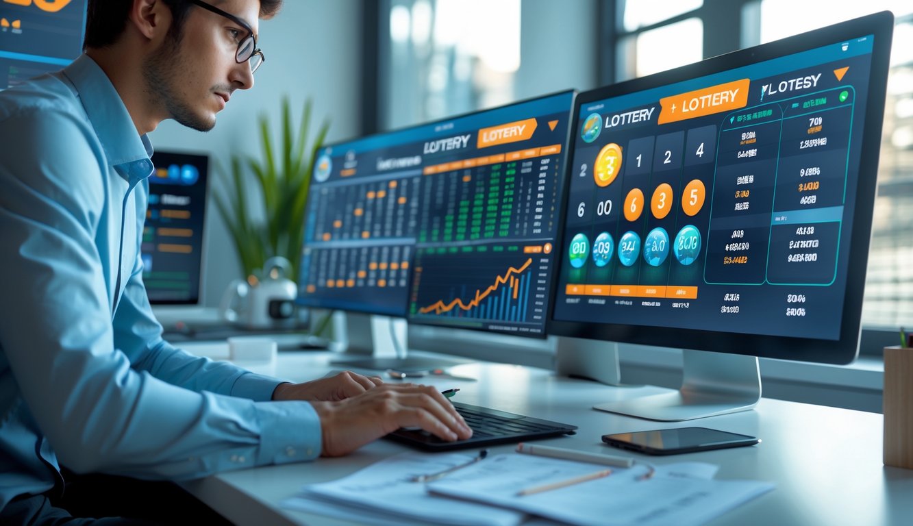 Seseorang sedang bekerja di depan beberapa layar digital dengan grafik dan angka terkait lotere, duduk di meja yang rapi dengan laptop dan ponsel.