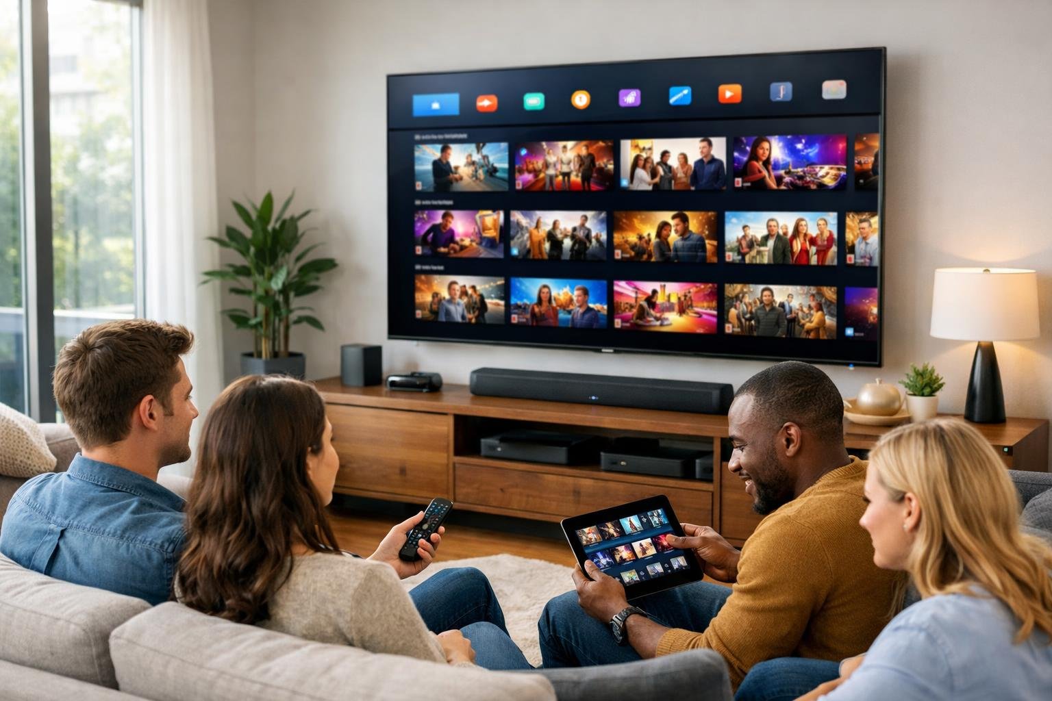 A group of people in a living room using a smart TV to browse channels and playlists on a digital interface.