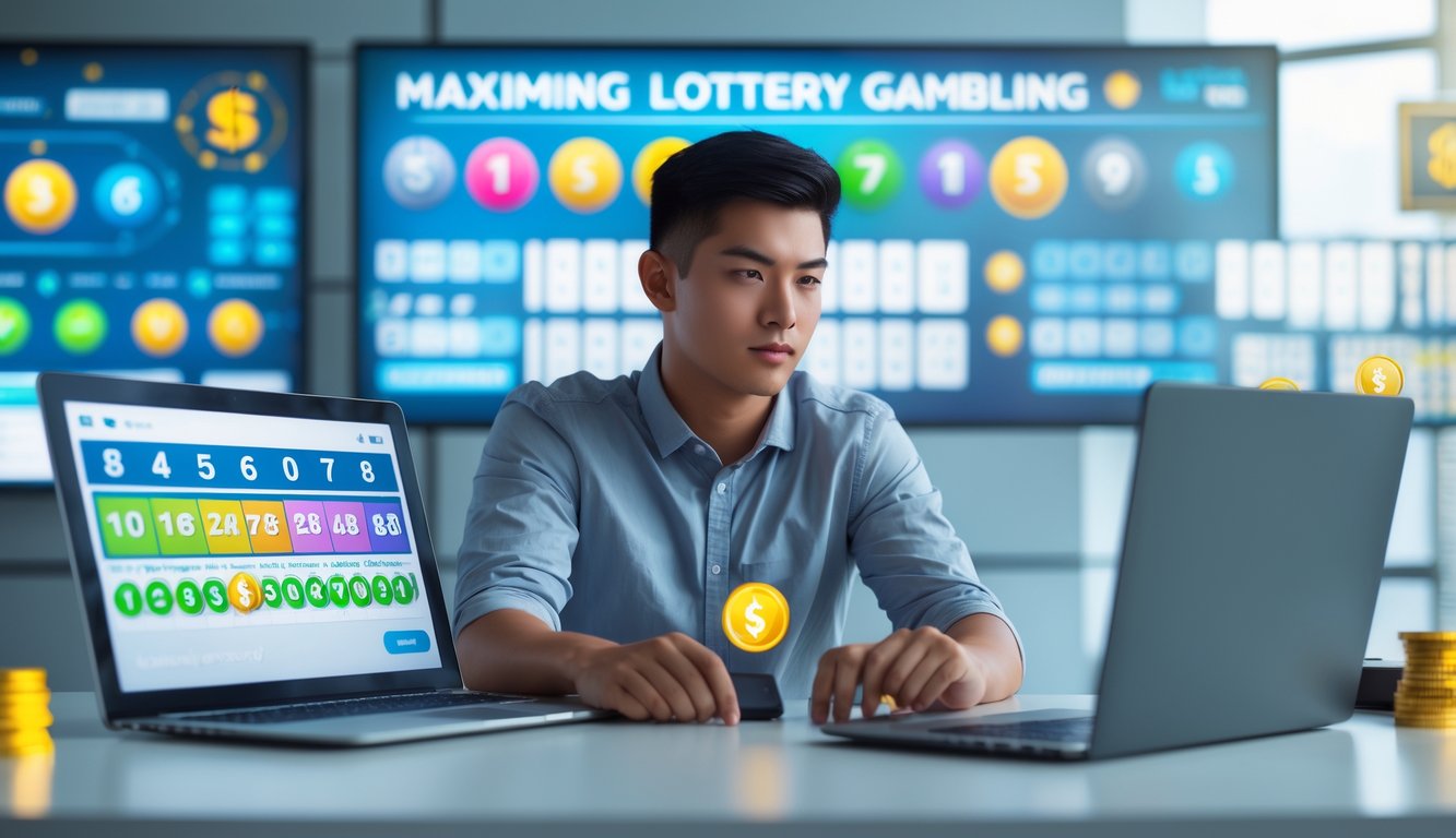 Seorang pria muda duduk di meja dengan laptop dan ponsel yang menampilkan angka togel dan simbol jackpot, menunjukkan suasana bermain judi togel online.