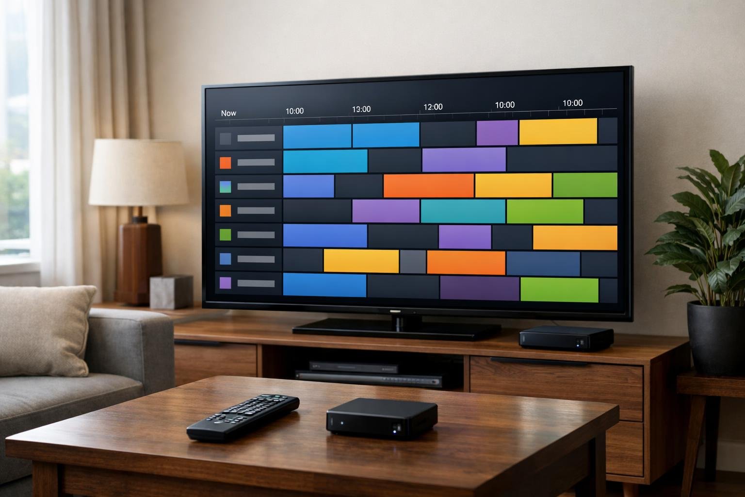 A modern living room with a large TV displaying an electronic program guide interface, showing a grid of TV channels and schedules.