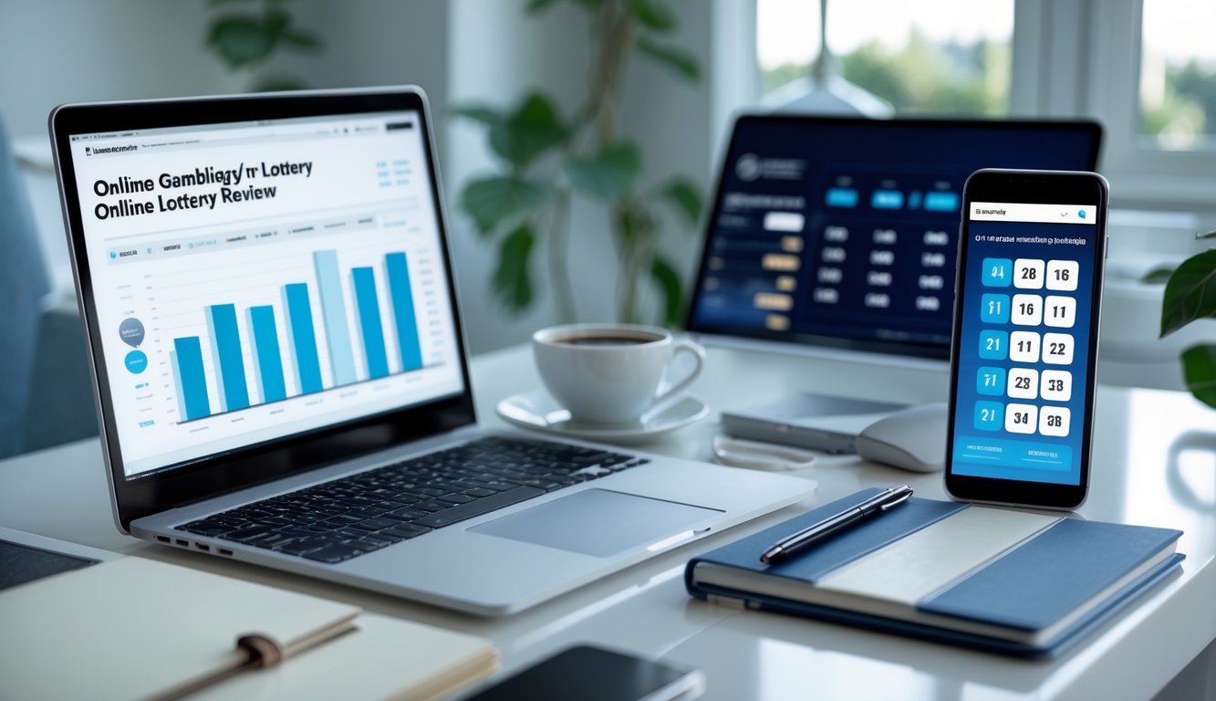Meja kerja modern dengan laptop dan ponsel menampilkan antarmuka situs web, cangkir kopi, dan cahaya alami dari jendela.