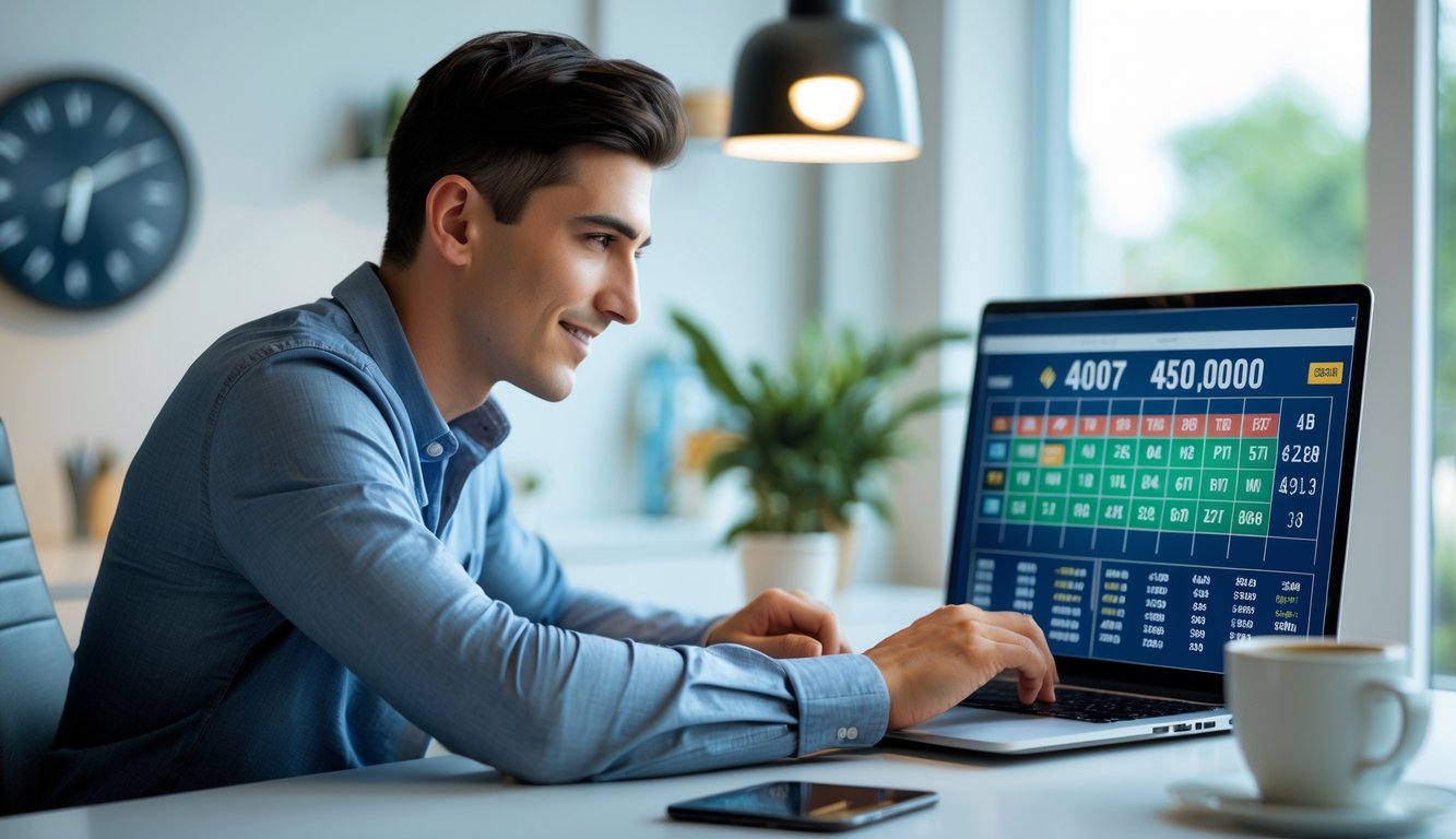 Seorang pria muda duduk di meja kerja dengan laptop, fokus pada layar yang menampilkan grafik dan angka, di ruang kantor yang terang dan modern.