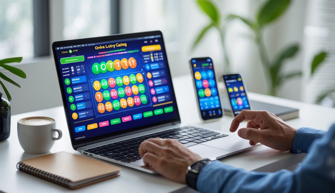 Seseorang menggunakan laptop di meja kerja dengan tampilan permainan togel online di layar, dikelilingi oleh cangkir kopi, buku catatan, dan ponsel.
