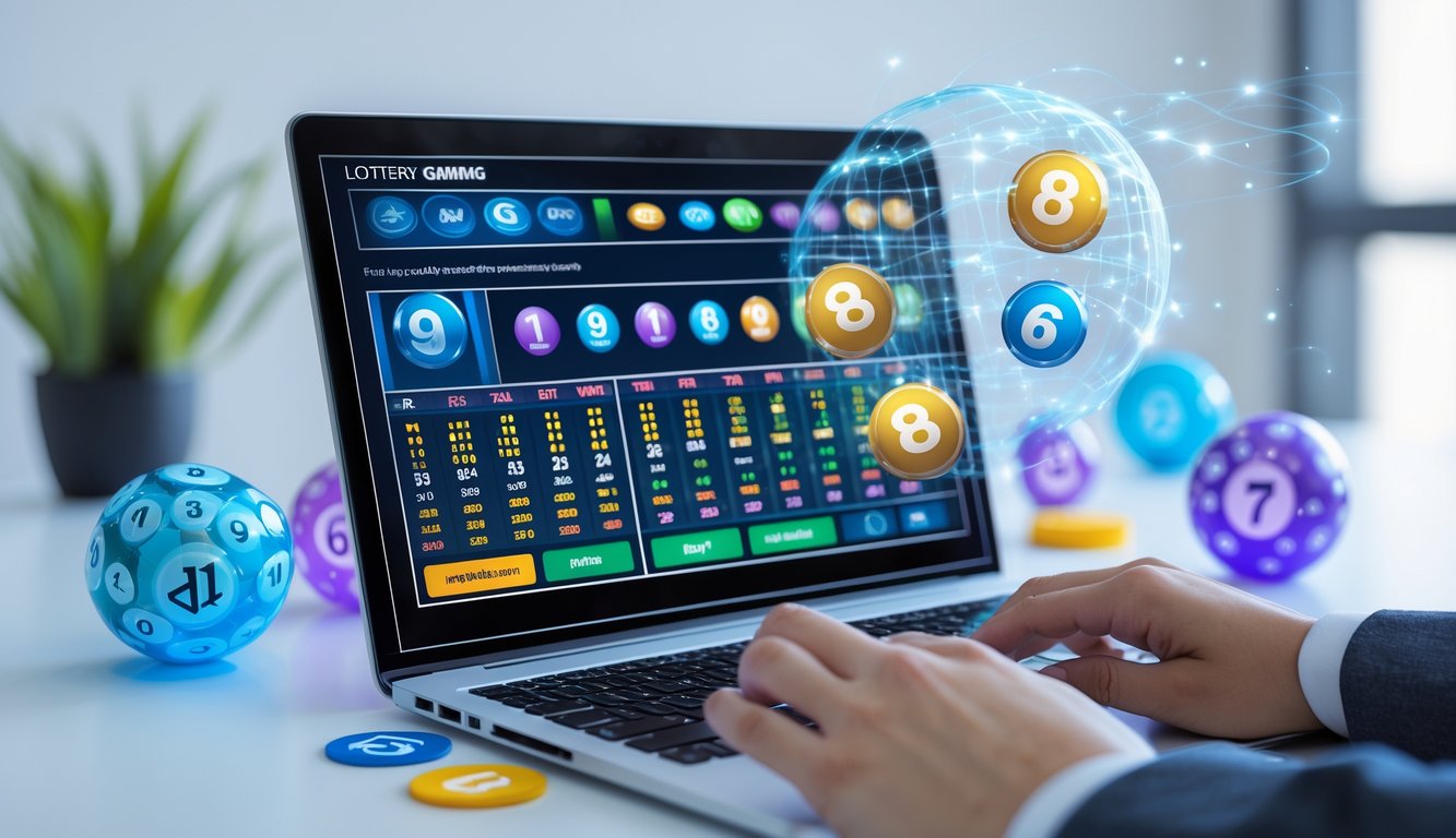 Meja kerja modern dengan laptop yang menampilkan antarmuka permainan togel online, tangan seseorang sedang berinteraksi dengan laptop, dengan bola togel dan ikon digital di sekitar.
