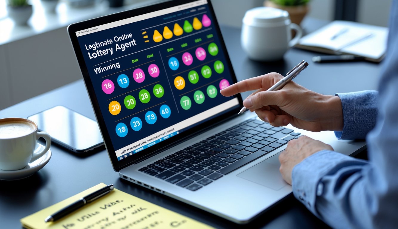 Seorang profesional sedang menunjukkan layar laptop dengan tampilan angka dan grafik lotere online di meja kerja yang rapi.