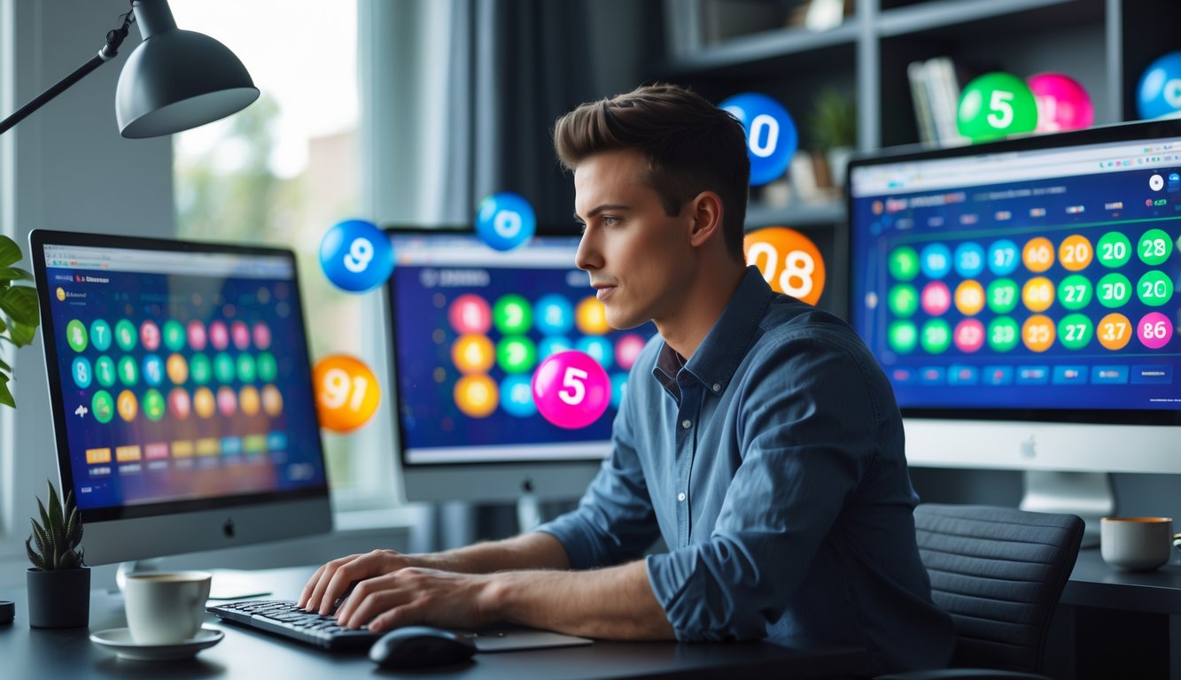 Seorang pria muda duduk di depan komputer dengan layar menampilkan angka togel dan grafik di sebuah kantor rumah yang modern.