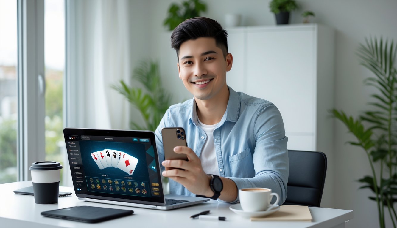 Seorang dewasa muda duduk di meja dengan laptop yang menampilkan permainan poker online, sambil memegang ponsel dan tersenyum di ruang kerja rumah yang terang.