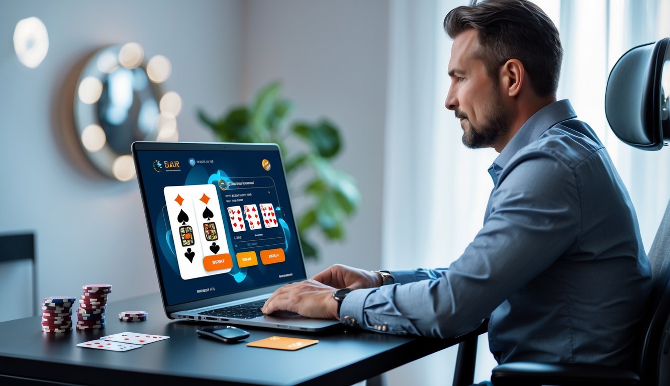Seorang pria dewasa duduk di depan laptop dengan layar permainan poker online, di meja terdapat ponsel dan kartu kredit, menunjukkan suasana bermain poker online yang aman dan terpercaya.