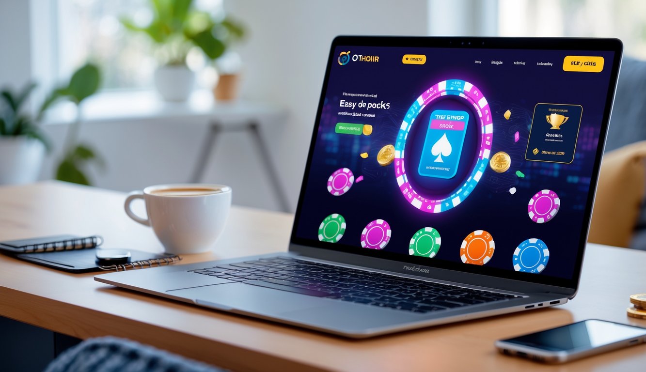 Seorang pemain poker online sedang menggunakan komputer dengan tampilan permainan poker dan chip di layar di ruang kerja yang nyaman.