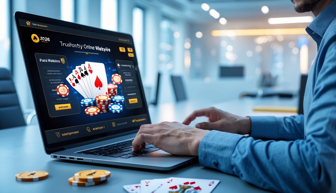 Seseorang menggunakan laptop di kantor modern dengan tampilan permainan poker dan transaksi deposit digital yang sedang berlangsung.