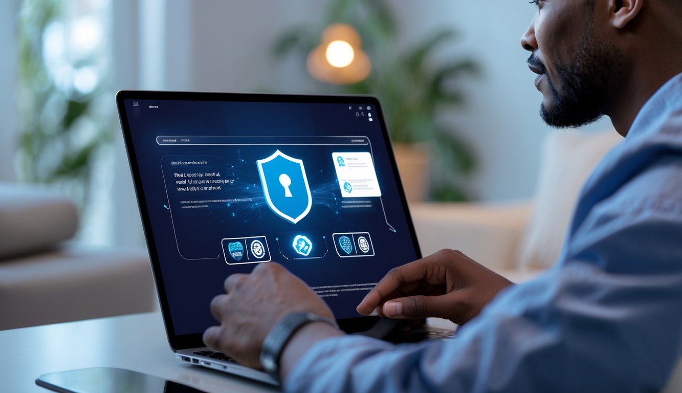 Seseorang menggunakan laptop di ruang tamu modern dengan suasana tenang, menunjukkan pengalaman bermain poker online yang aman dan cepat.