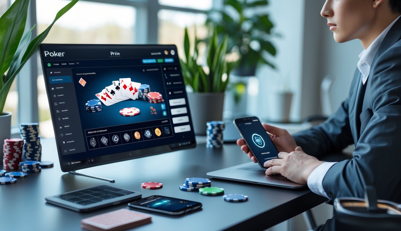 Seorang dewasa muda duduk di meja kerja dengan laptop menampilkan permainan poker online dan ponsel menunjukkan aplikasi dompet digital, di ruang kantor yang rapi dan terang.