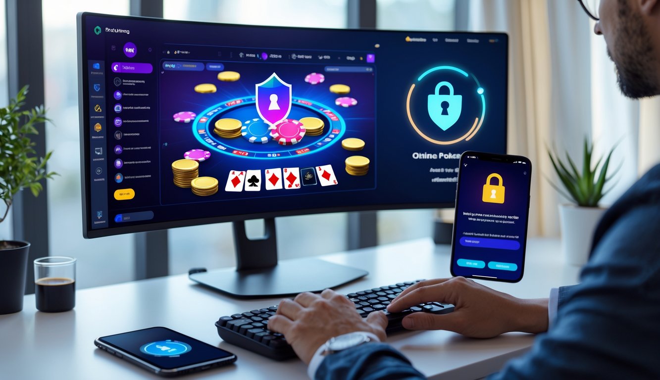 Seseorang bermain poker online di komputer dengan layar menampilkan permainan poker dan ponsel menunjukkan aplikasi dompet digital untuk deposit.