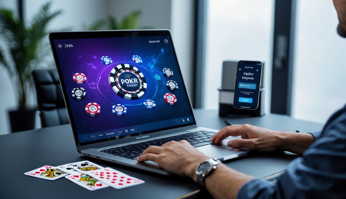 Seorang pria duduk di depan laptop bermain poker online dengan tampilan kartu dan chip digital, terlihat fokus dan percaya diri.