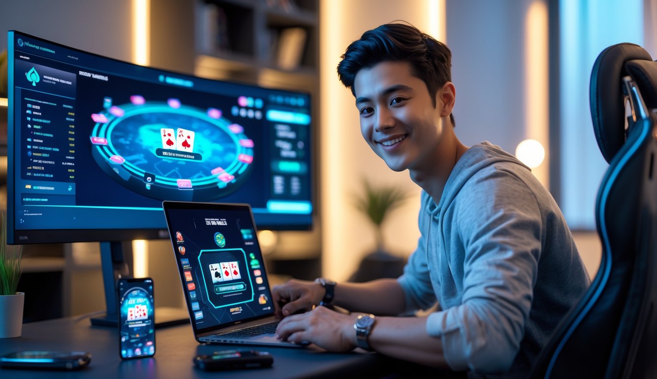 Seorang dewasa muda bermain poker online di ruang kerja modern dengan monitor dan perangkat digital di meja.