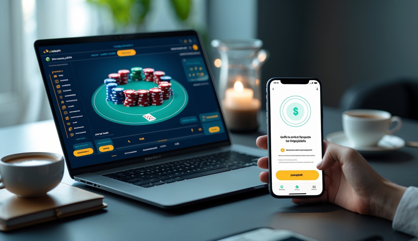 Seorang pengguna sedang melakukan deposit dana dengan mudah melalui aplikasi pembayaran digital di laptop dan ponsel untuk permainan poker online.