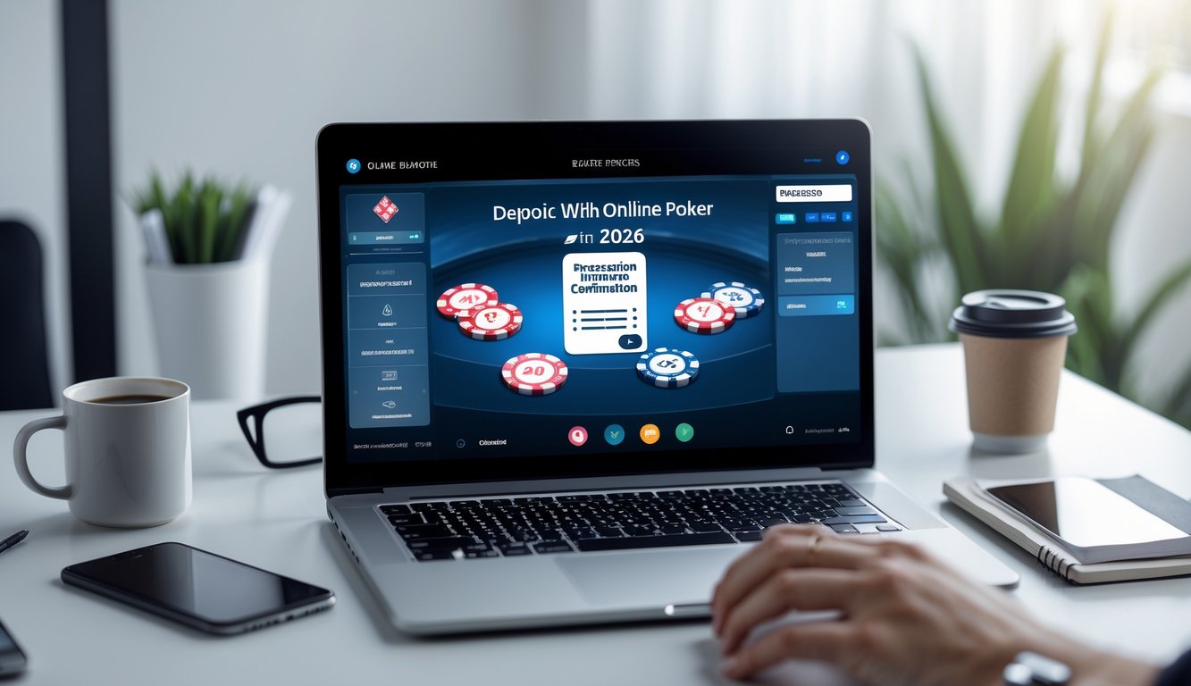 Seseorang menggunakan komputer dengan tampilan permainan poker online dan konfirmasi transaksi deposit di layar.