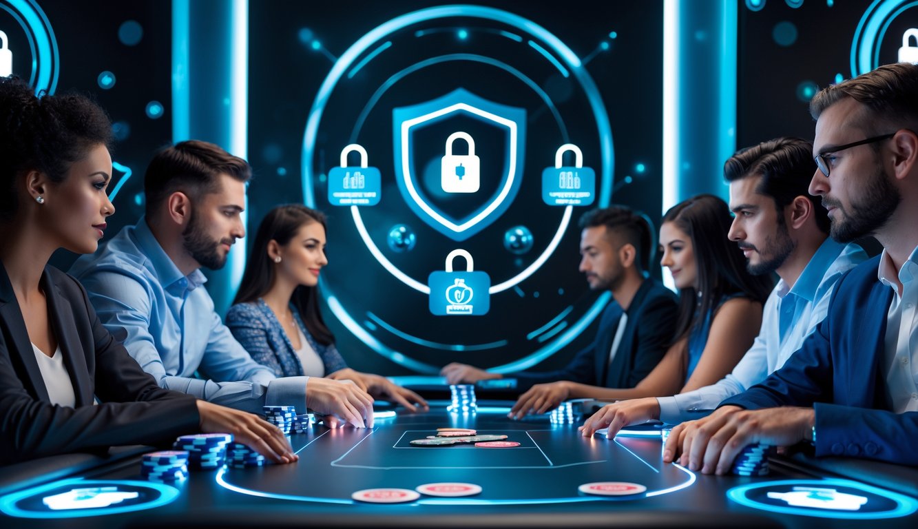 Beberapa pemain poker online sedang bermain di meja digital dengan tampilan keamanan transaksi yang terlihat di layar.