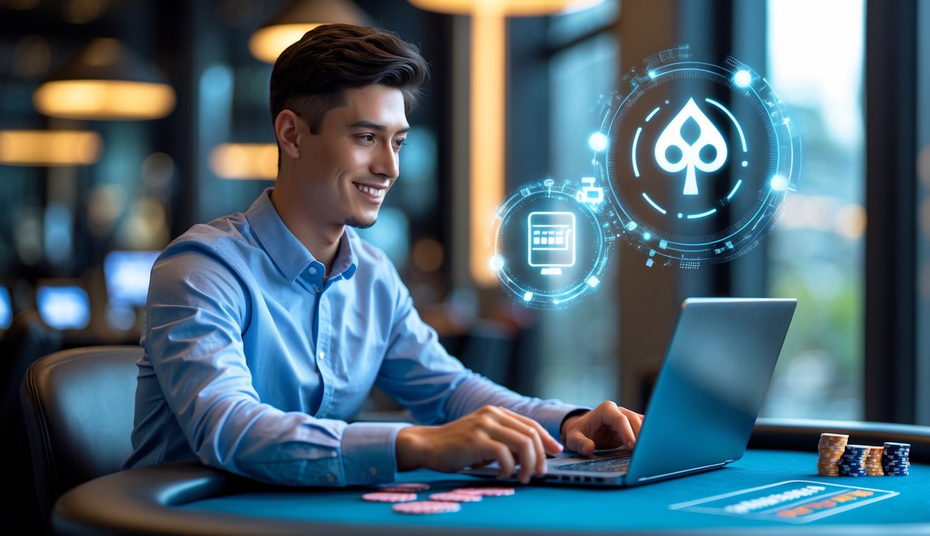 Seorang pria muda duduk di meja poker dengan laptop, bermain poker online dengan suasana yang aman dan modern.