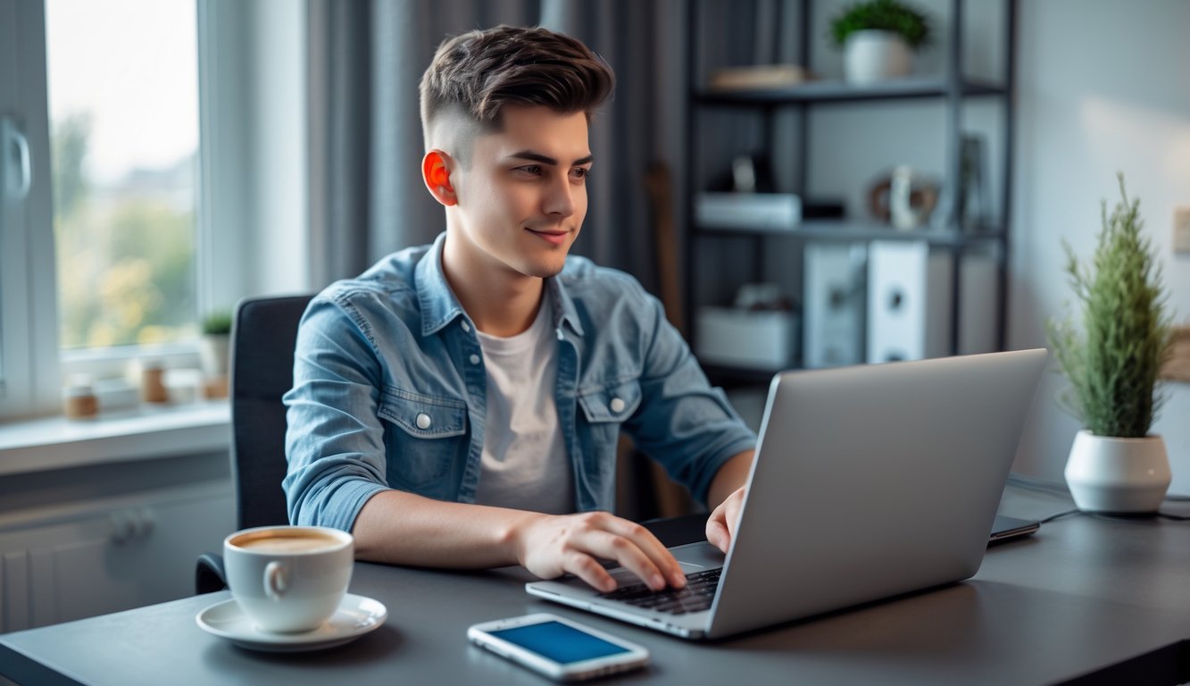 Seorang dewasa muda duduk di meja modern menggunakan laptop untuk bermain poker online dengan ekspresi fokus di ruang kerja rumah yang nyaman.