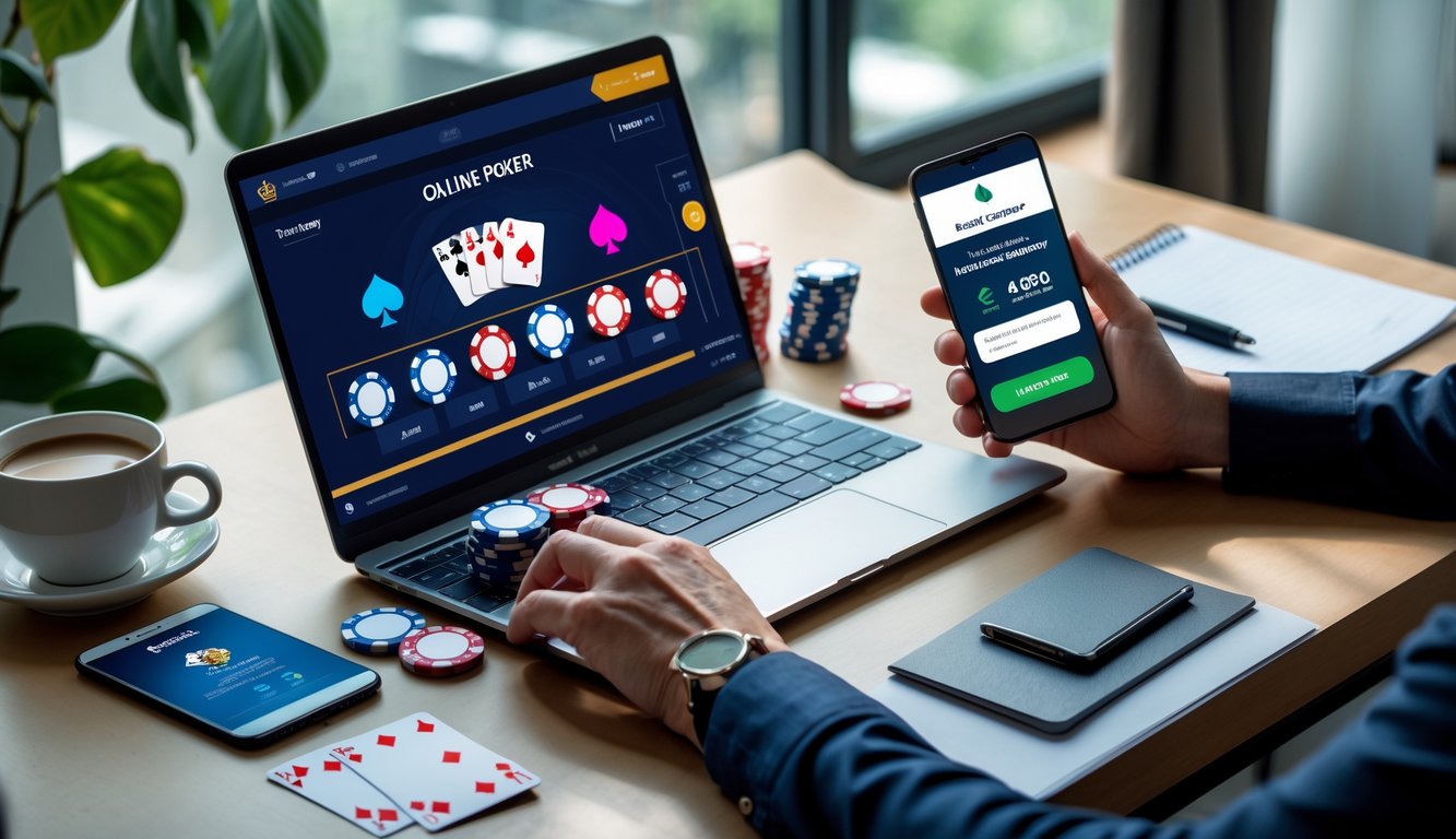 Meja kerja dengan laptop yang menampilkan permainan poker online, tumpukan chip poker, kartu remi, dan tangan seseorang sedang bermain, dengan ponsel yang menunjukkan aplikasi pembayaran di sampingnya.