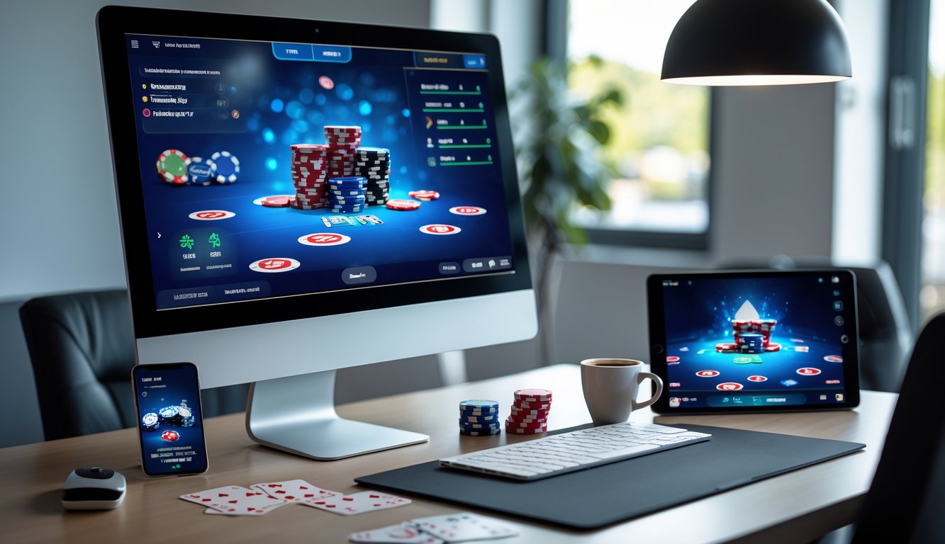 Meja kerja modern dengan komputer, smartphone, dan perlengkapan poker seperti chip dan kartu, menunjukkan suasana bermain poker online yang nyaman dan terpercaya.