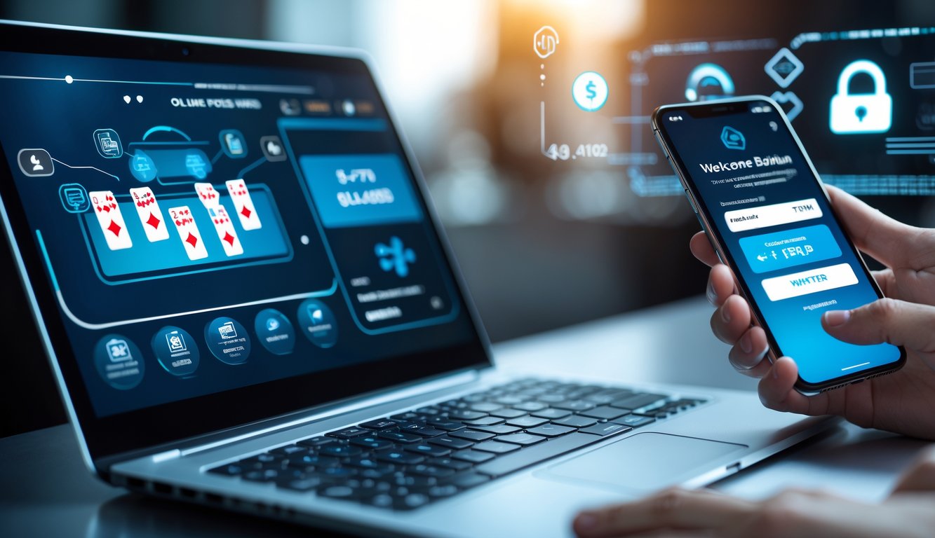 Seorang pemain menggunakan laptop dan ponsel untuk bermain poker online dan melakukan deposit dana dengan suasana yang modern dan terpercaya.
