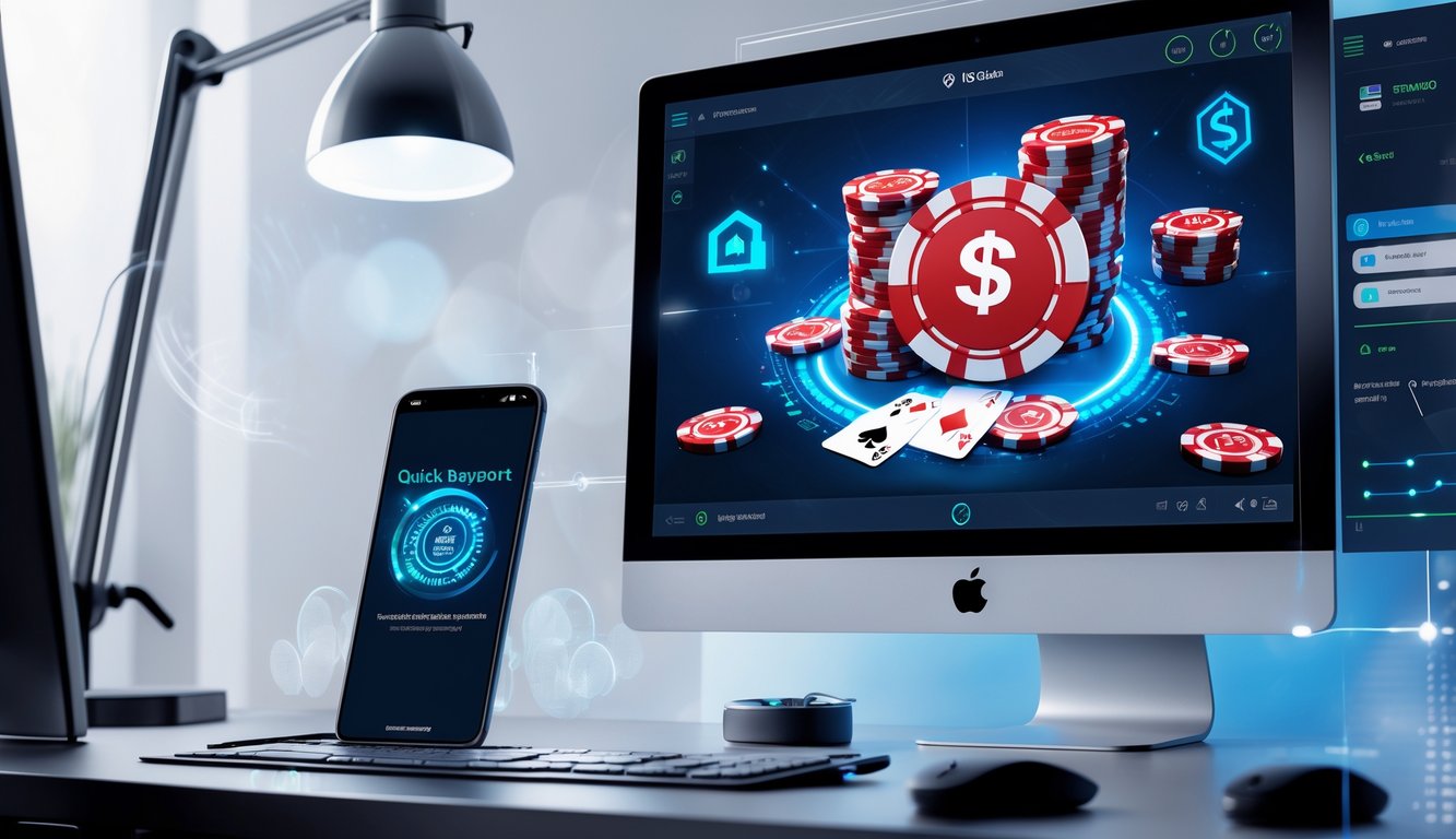 Sebuah meja kerja modern dengan komputer yang menampilkan permainan poker online dan ponsel yang menunjukkan aplikasi pembayaran cepat.