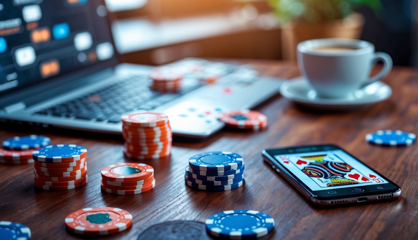 Meja poker dengan chip, kartu remi, dan smartphone yang menampilkan permainan poker online, dengan latar belakang laptop dan cangkir kopi.
