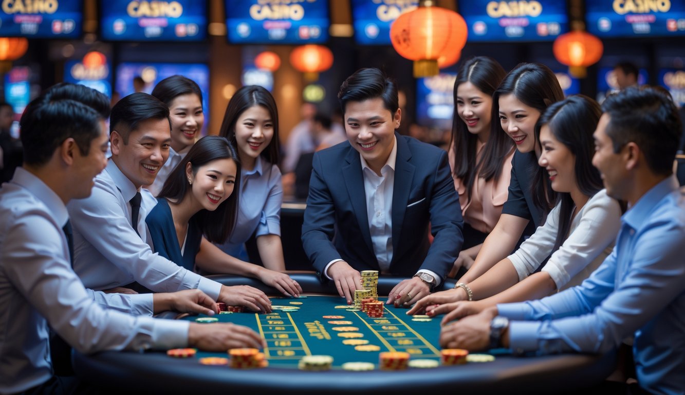 Sejumlah pemain Asia sedang bermain di meja kasino langsung dengan dealer profesional di latar belakang yang menampilkan suasana kasino yang hidup dan ramah.