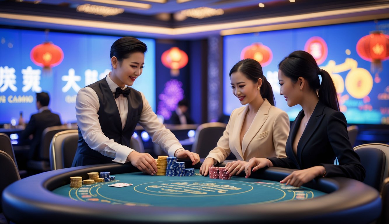 Suasana kasino langsung Asia dengan dealer pria dan wanita yang sedang melayani pemain di meja permainan yang modern dan elegan.
