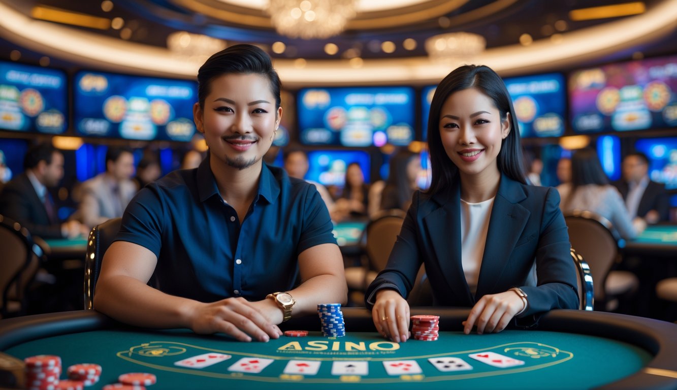 Seorang pria dan wanita Asia duduk di meja kasino modern dengan elemen permainan digital, di latar belakang suasana kasino langsung yang ramai dan elegan.